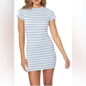 O'Neill Women’s Knit Mini Stripe‎ Dress Sky Blue Bodycon Stretch Surf Large EUC